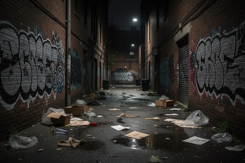 Una calle oscura con signos visibles de actividad criminal