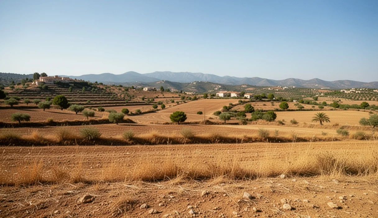 Dry fields in Catalonia under intense sunlight ahead of a predicted heatwave