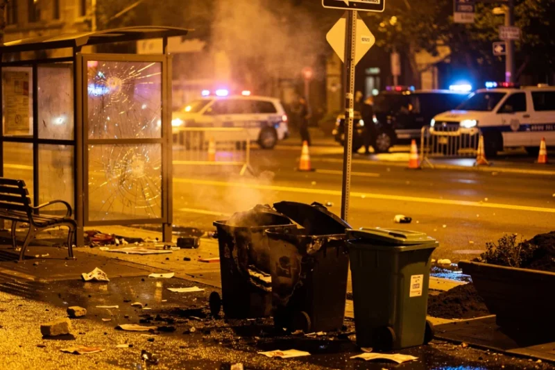 Escena nocturna tras disturbios en Cerdanyola con mobiliario urbano dañado