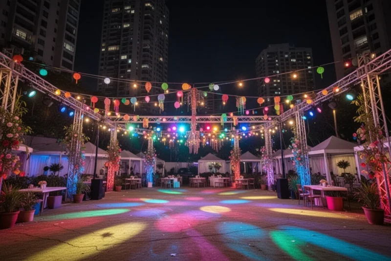 An empty urban square prepared for a nightlife event showcasing colorful lighting