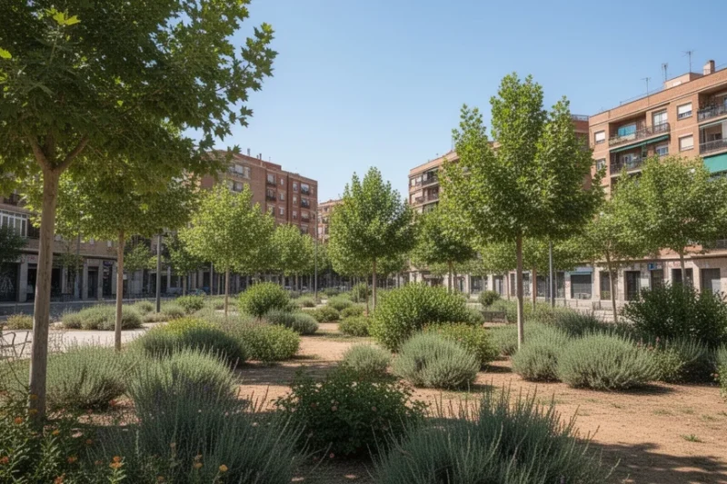 Espacios verdes urbanos en Cornellà con árboles y arbustos floreciendo bajo cielos despejados.