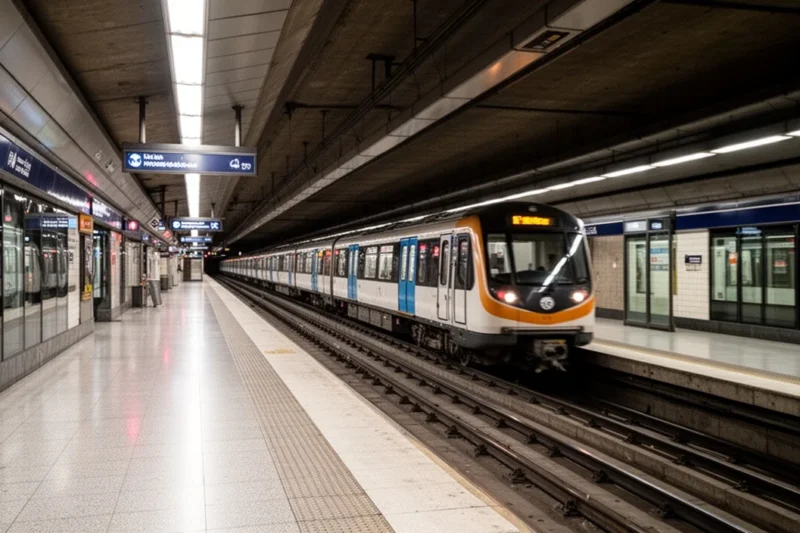 Estación moderna del metro en Barcelona mostrando trenes esperados.