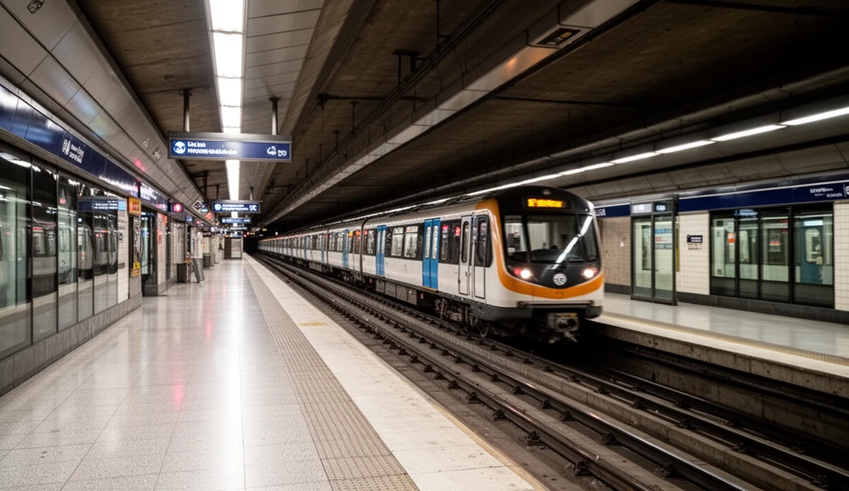 Estación moderna del metro en Barcelona mostrando trenes esperados.