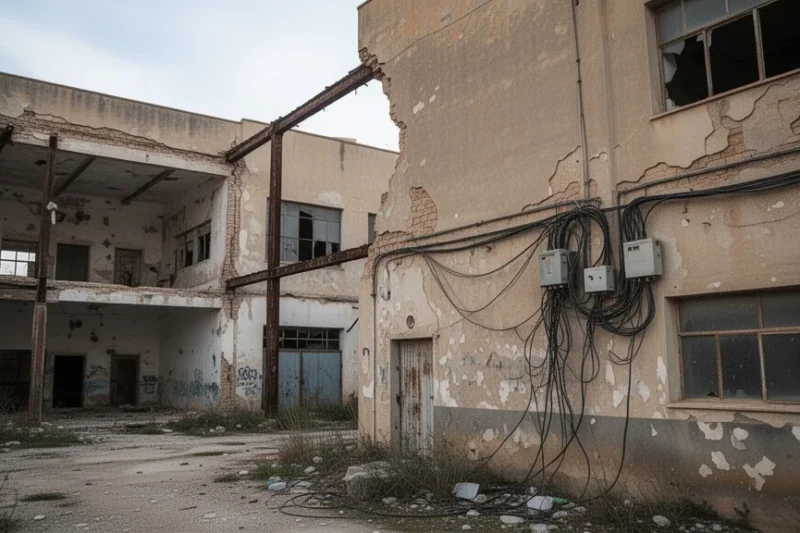 Naves industriales abandonadas con daños visibles en Canet de Mar