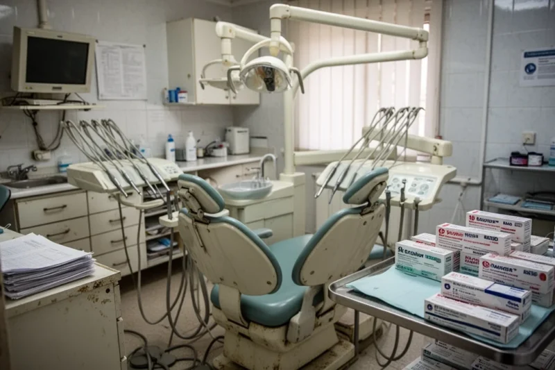 Interior de una clínica dental ilegal con equipos obsoletos