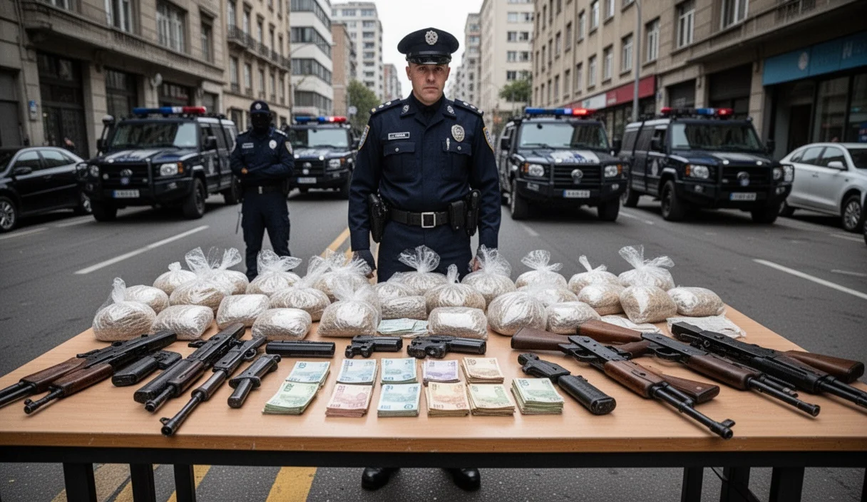 Escena del operativo policial mostrando drogas y armas incautadas