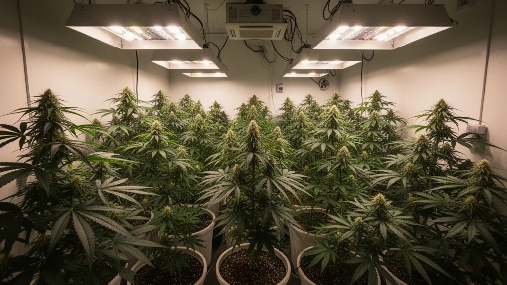 Plantación interior con numerosas plantas de marihuana iluminadas