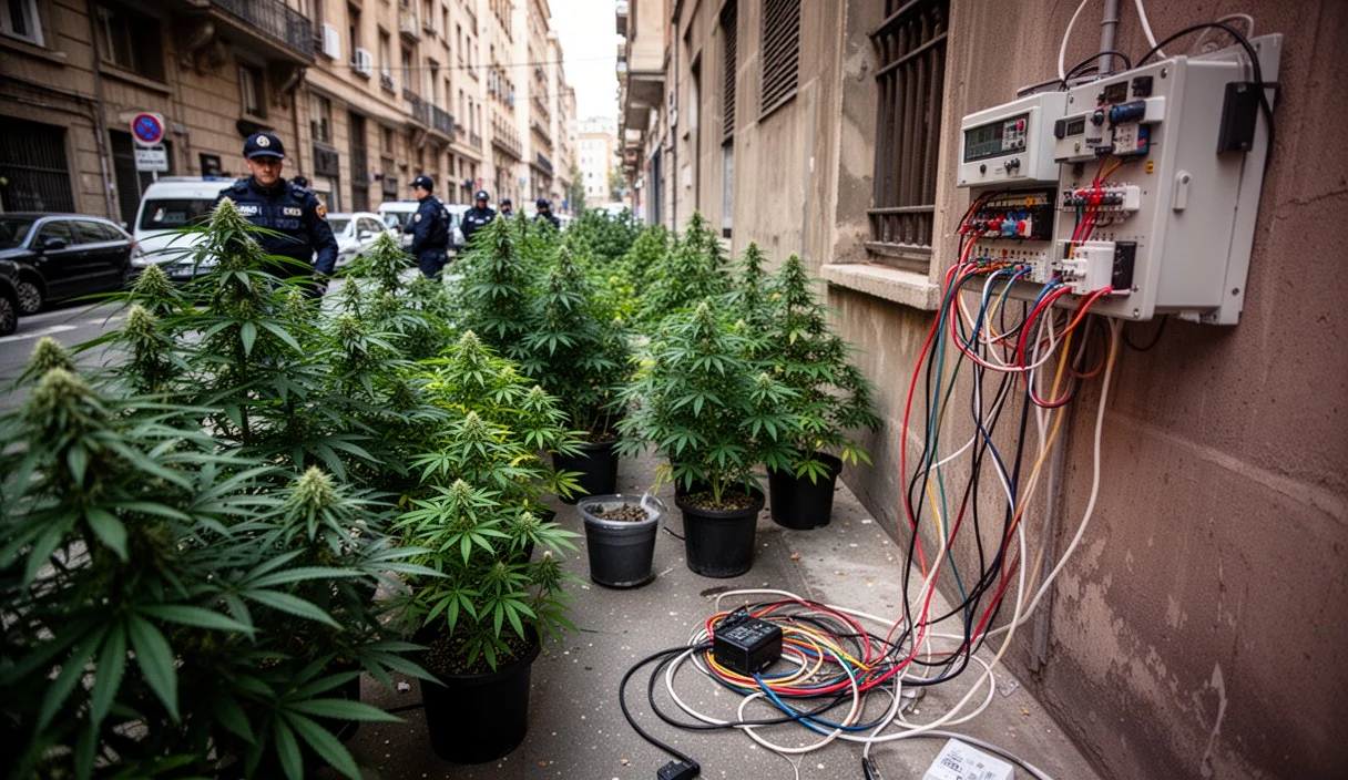 Room containing drying marijuana plants under lights without any people present
