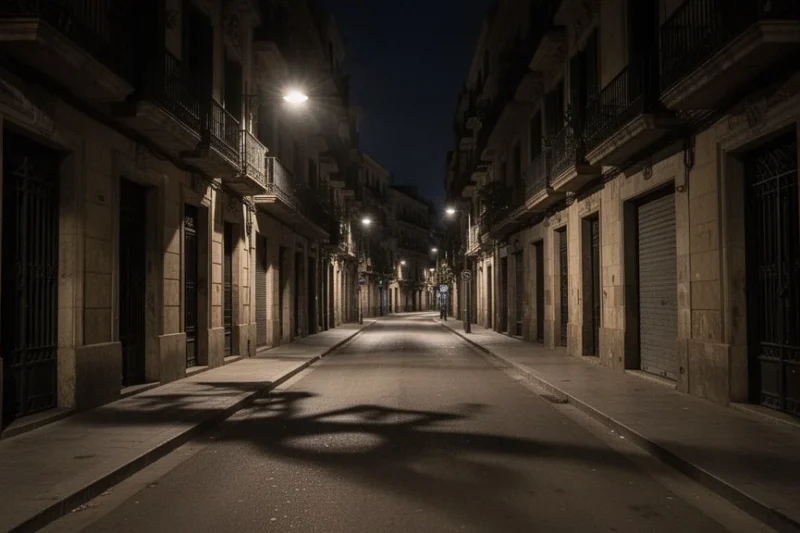 Calle residencial tranquila en Barcelona iluminada por farolas durante la noche