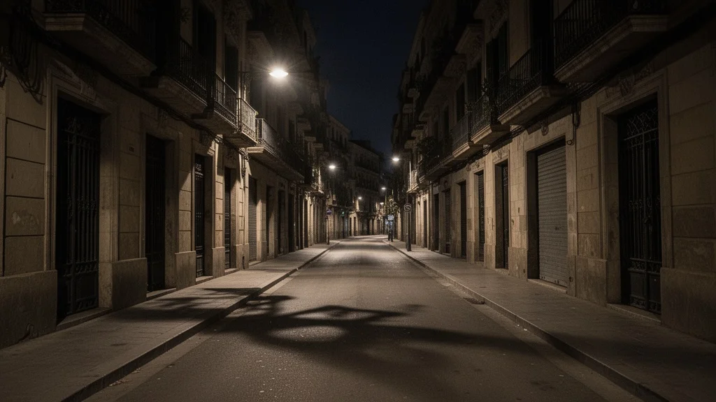 Calle residencial tranquila en Barcelona iluminada por farolas durante la noche
