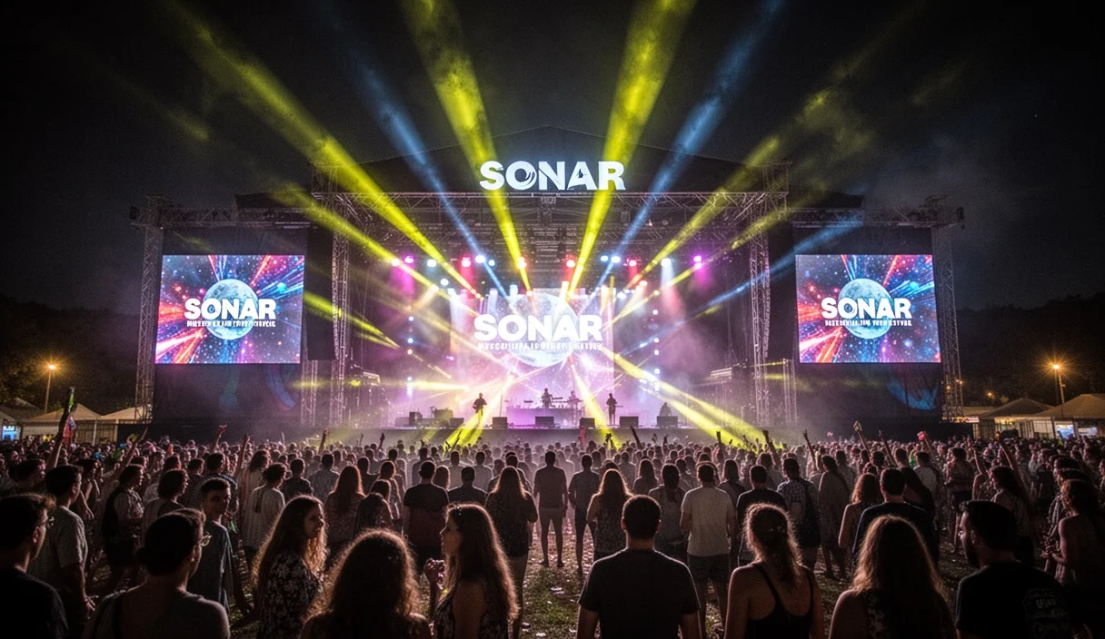 Vista nocturna del festival Sónar con luces brillantes y ambiente festivo