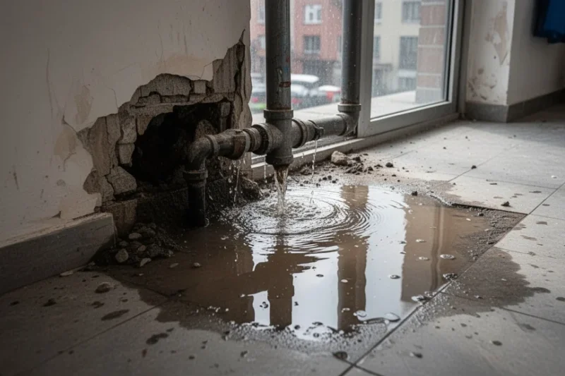 Fuga de agua en un edificio urbano tras intento de robo