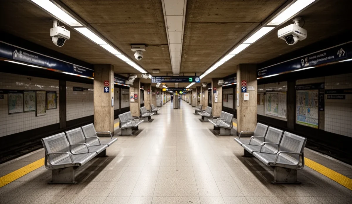 Interior view of an empty Barcelona metro station with trains passing