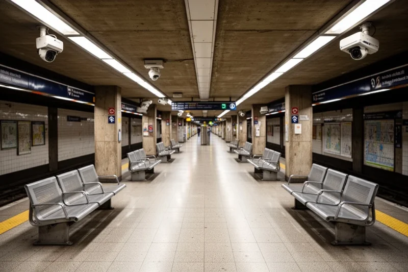 Estación vacía del metro con cámaras de seguridad visibles