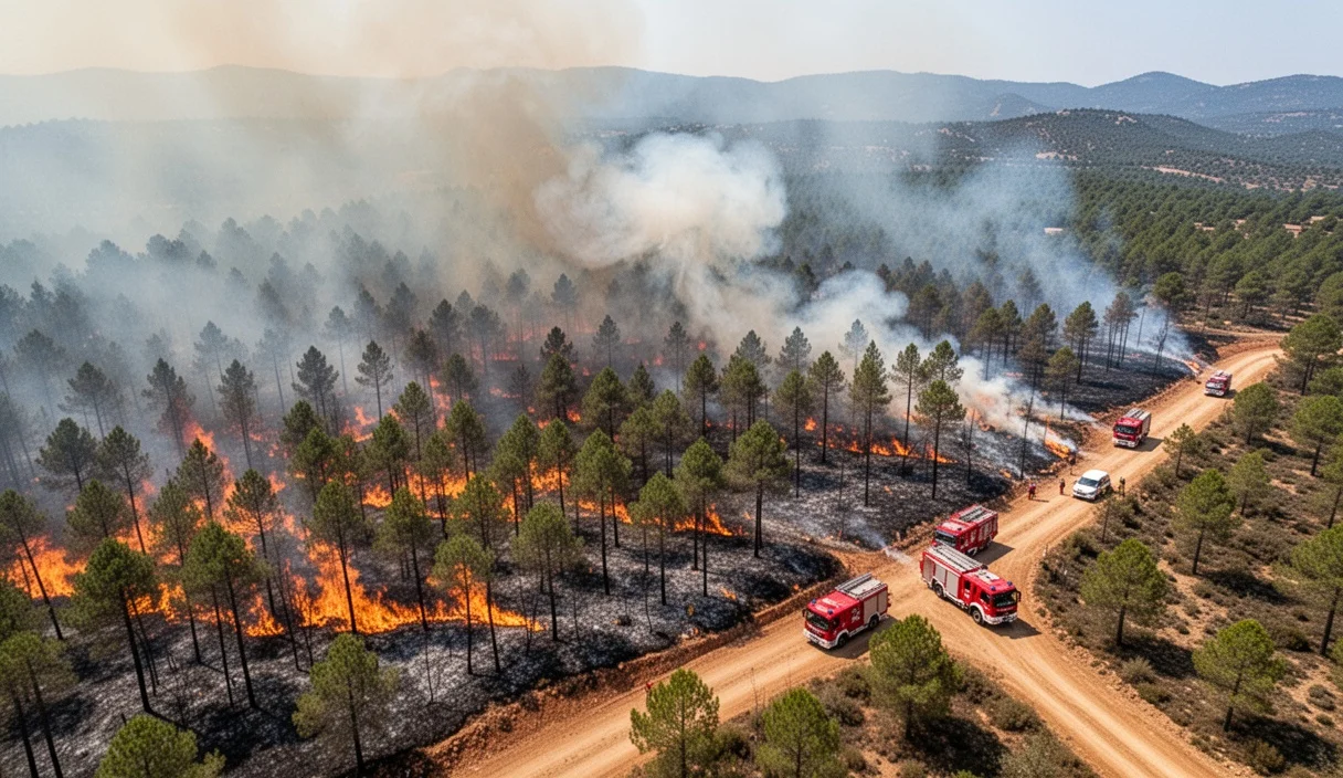 Smoke from a wildfire rising over hills near residential areas
