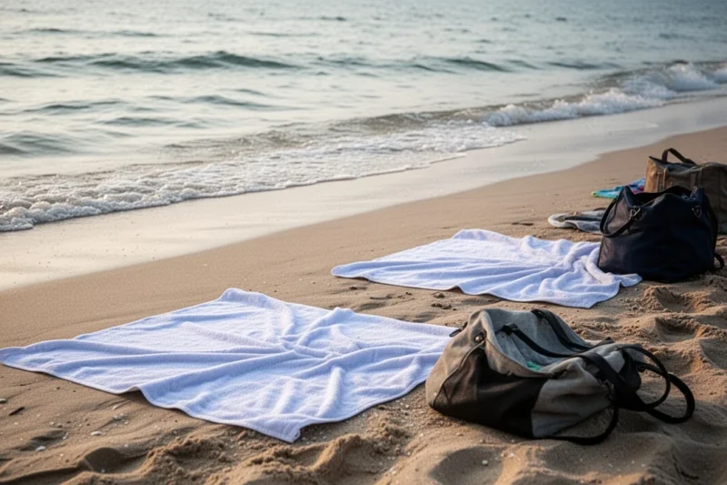 Crowded beach scene showing umbrellas and towels without identifiable people