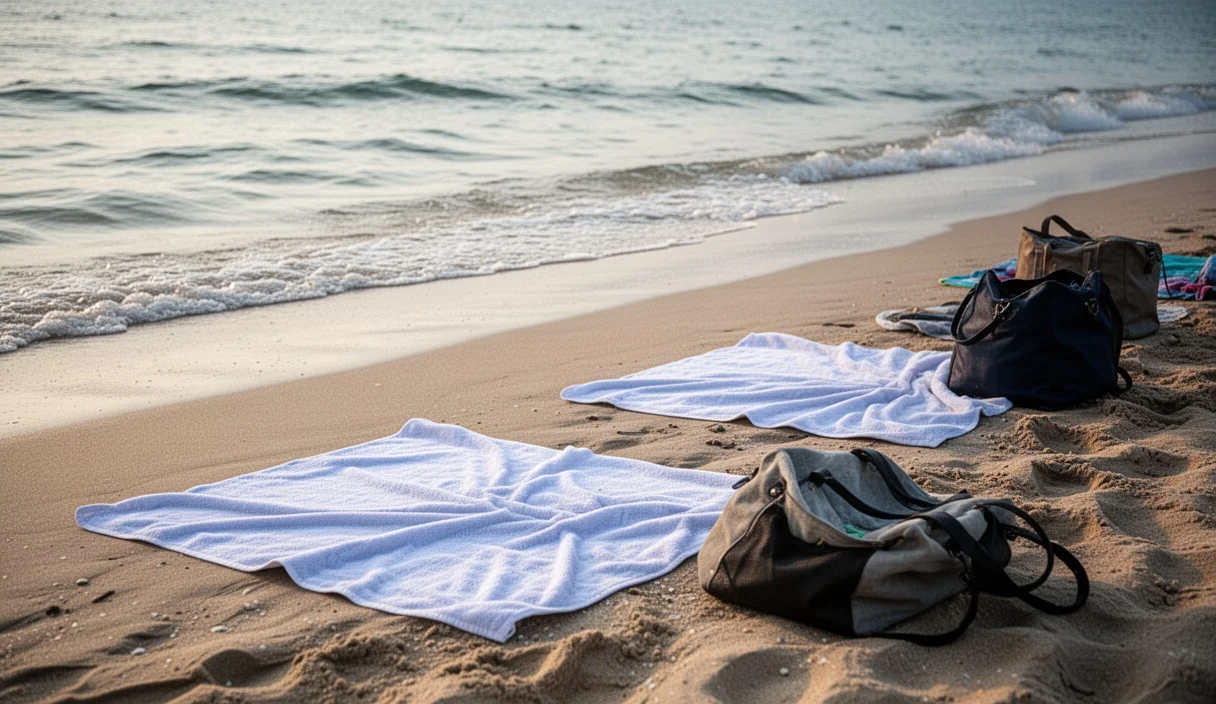 Crowded beach scene showing umbrellas and towels without identifiable people