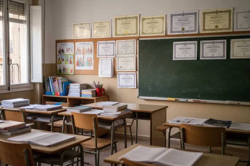 Aula decorada con materiales educativos donde se celebró una ceremonia de graduación.