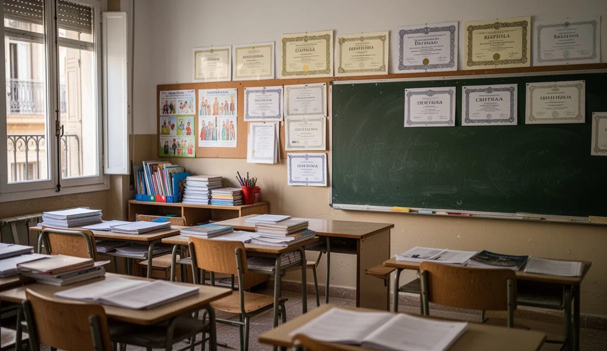 Aula decorada con materiales educativos donde se celebró una ceremonia de graduación.