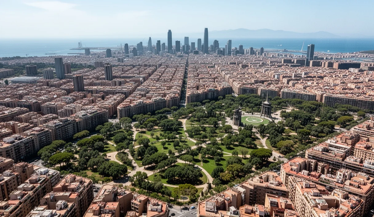 Vista aérea del área metropolitana de Barcelona mostrando desarrollo urbano y espacios verdes