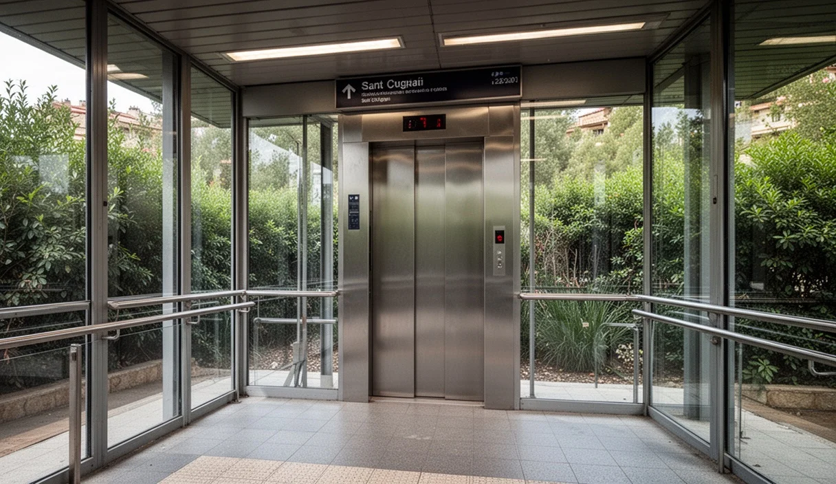 Ascensor renovado en la estación FGC de La Floresta rodeado de vegetación