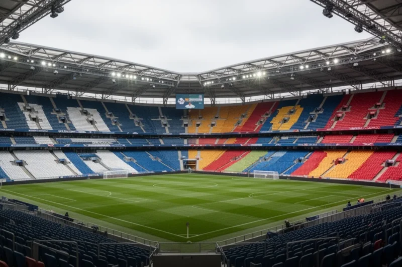 Empty football stadium showcasing banners of FC Barcelona and Atlético Madrid