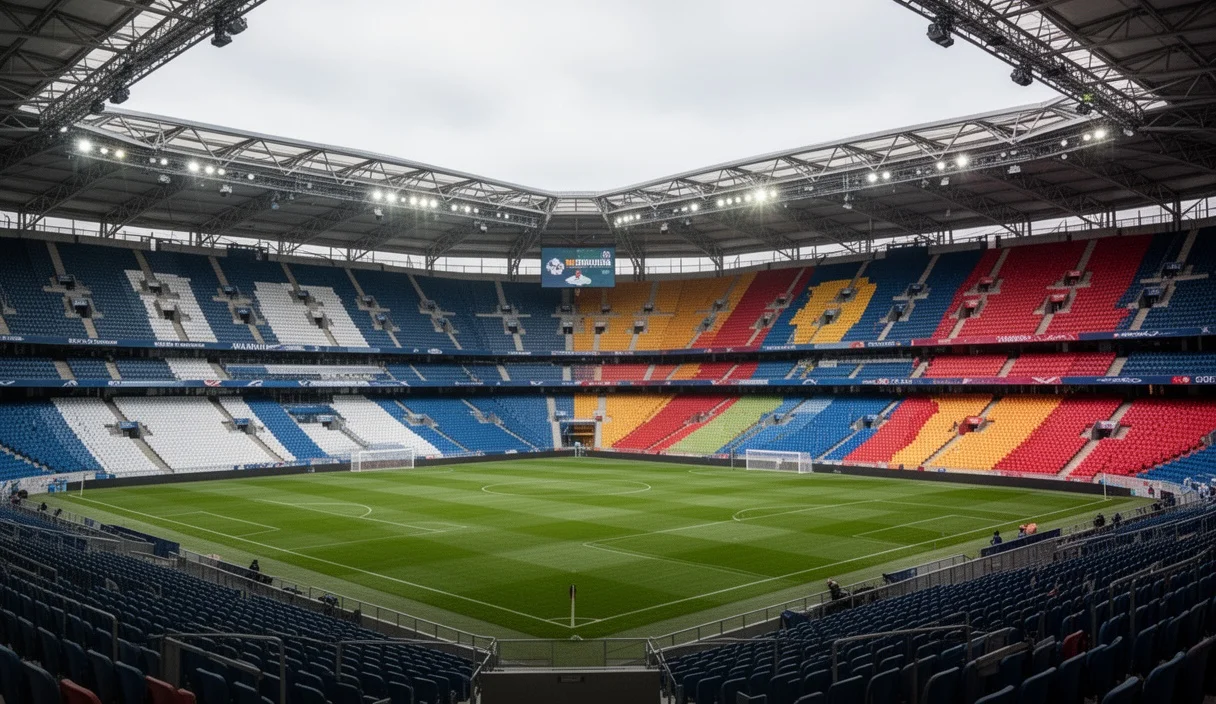 Empty football stadium showcasing banners of FC Barcelona and Atlético Madrid