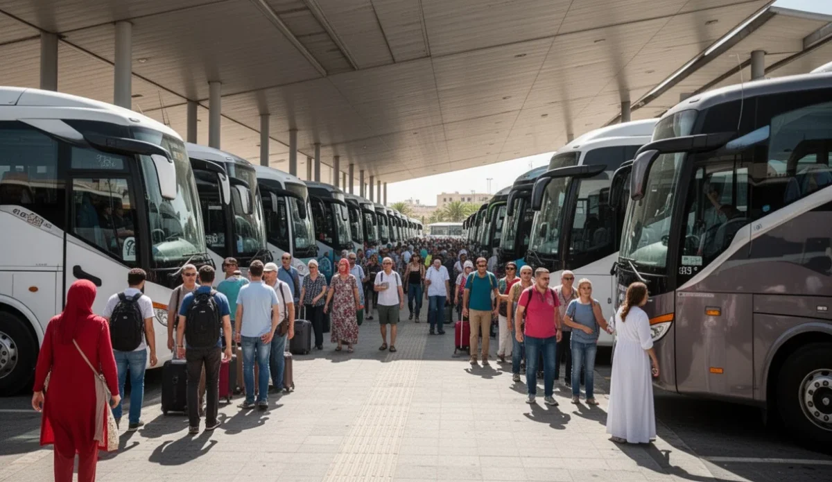 Interior view of Barcelona Nord station bustling with travelers boarding international buses