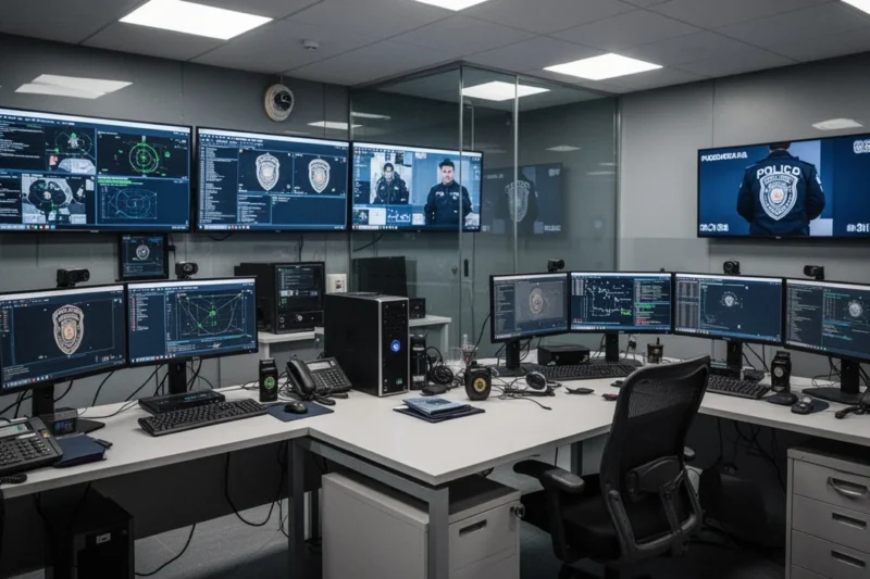 Estación policial moderna en Barcelona con equipos tecnológicos