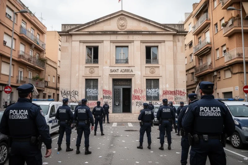 Police vehicles parked outside municipal building amid protests against housing evictions