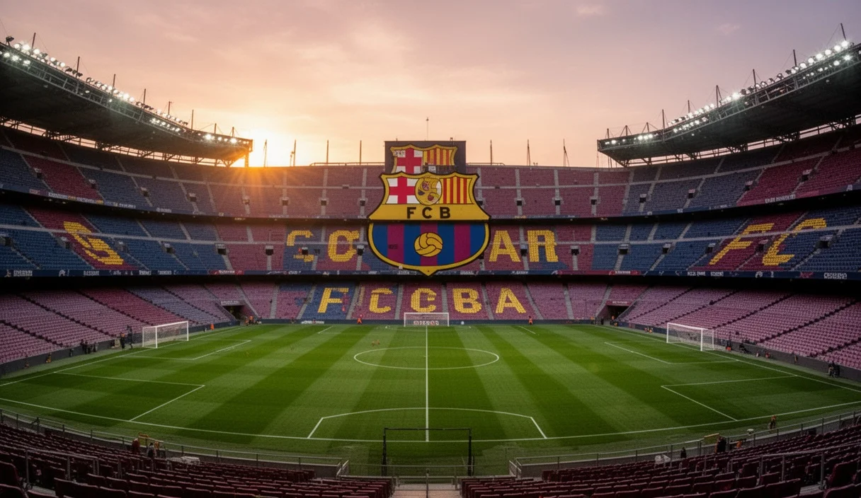 Estadio vacío con logo del FC Barcelona durante atardecer