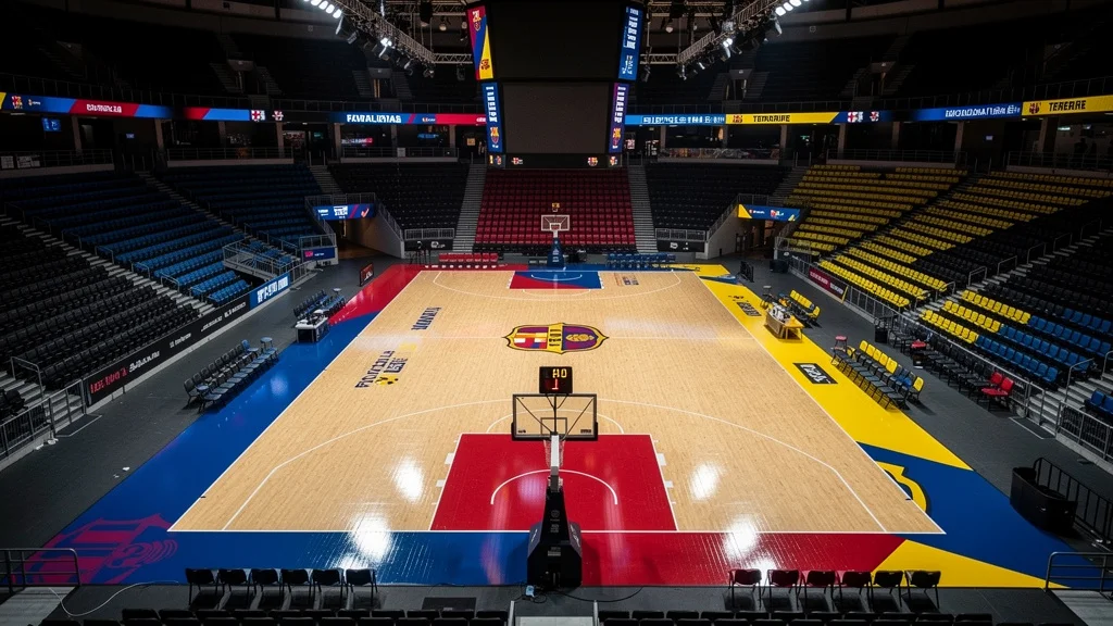 Escena de una cancha de baloncesto lista para un emocionante partido entre FC Barcelona y Tenerife.