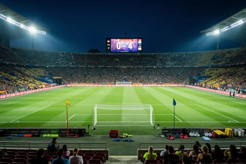 Estadio vacío mostrando un marcador luminoso de fútbol femenino con un resultado destacado