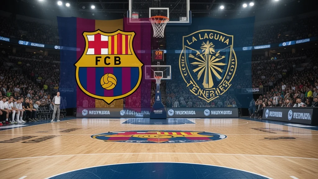 Cancha de baloncesto con logos del FC Barcelona y La Laguna Tenerife durante un partido