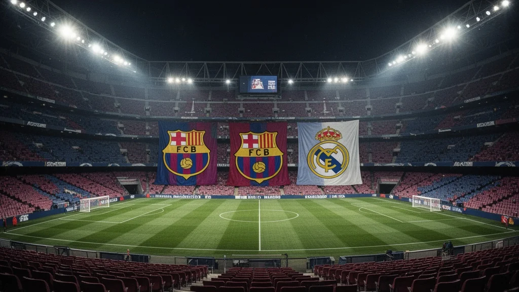 Estadio vacío con banderas del FC Barcelona y Real Madrid