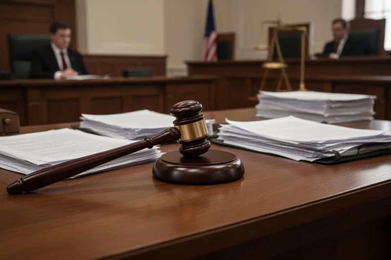 Escena judicial con documentos legales y un mazo sobre la mesa