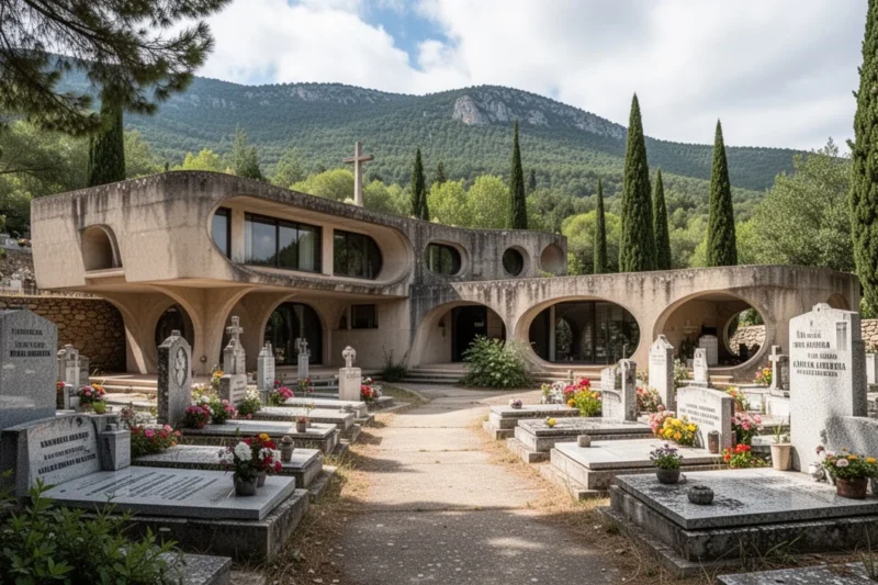 The unique architecture of Olius modernist cemetery surrounded by nature