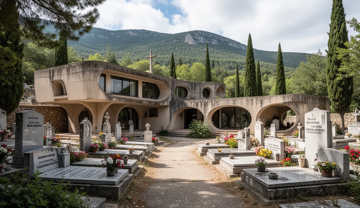 Vista panorámica del cementerio modernista de Olius destacando sus características arquitectónicas