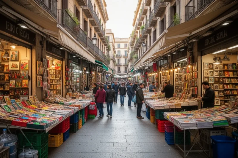 A vibrant street market in Barcelona displaying diverse shops and products