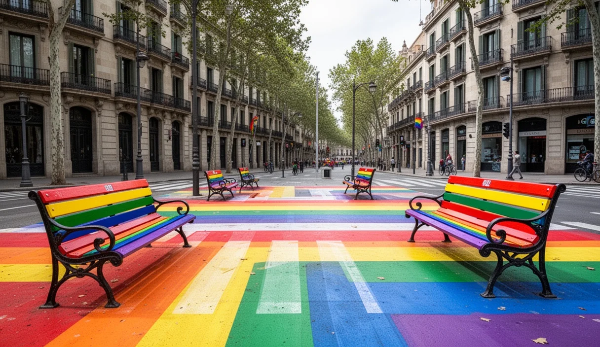 Espacio urbano colorido en Eixample decorado para celebrar el Orgullo LGTBI
