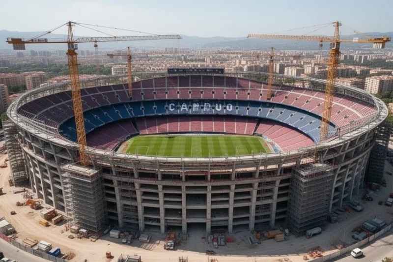 Vista aérea del Camp Nou en construcción con grúas y andamios alrededor