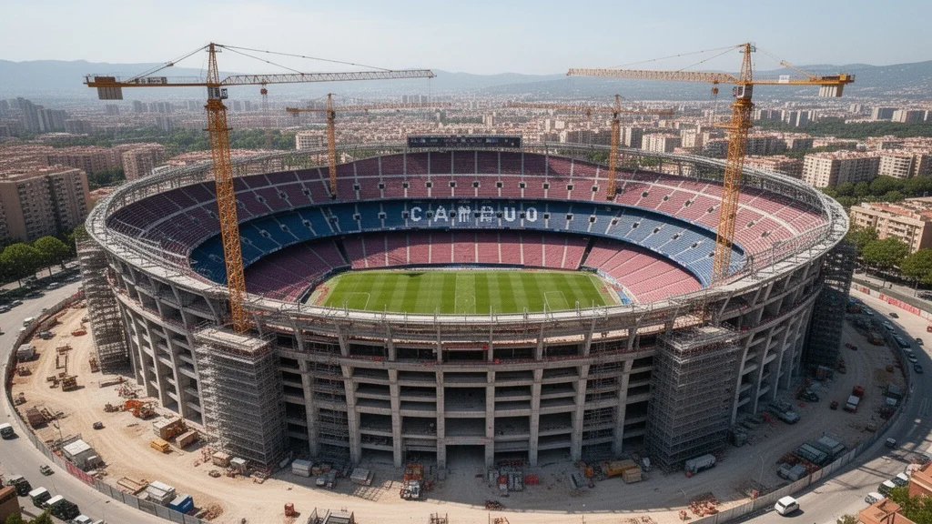 Vista aérea del Camp Nou en construcción con grúas y andamios alrededor