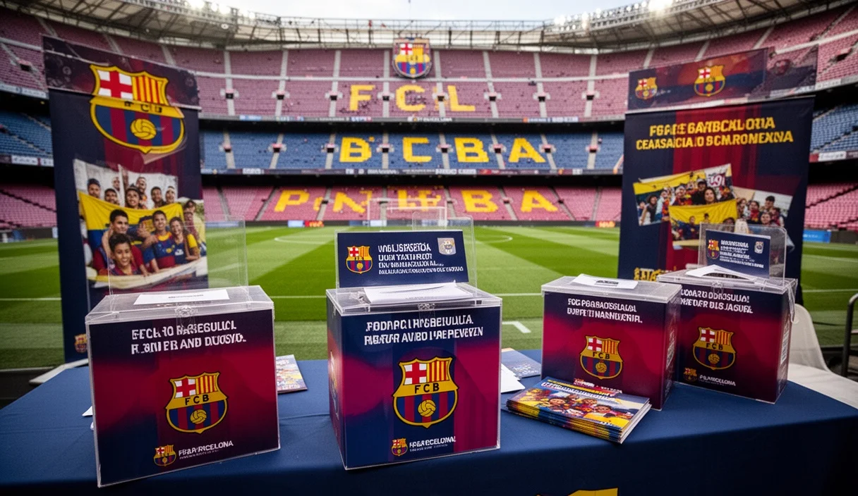 Camp Nou stadium featuring banners about charity initiatives for Venezuelan earthquake relief