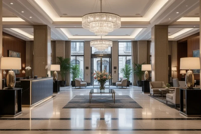 Lobby elegante del hotel Majestic renovado en Barcelona