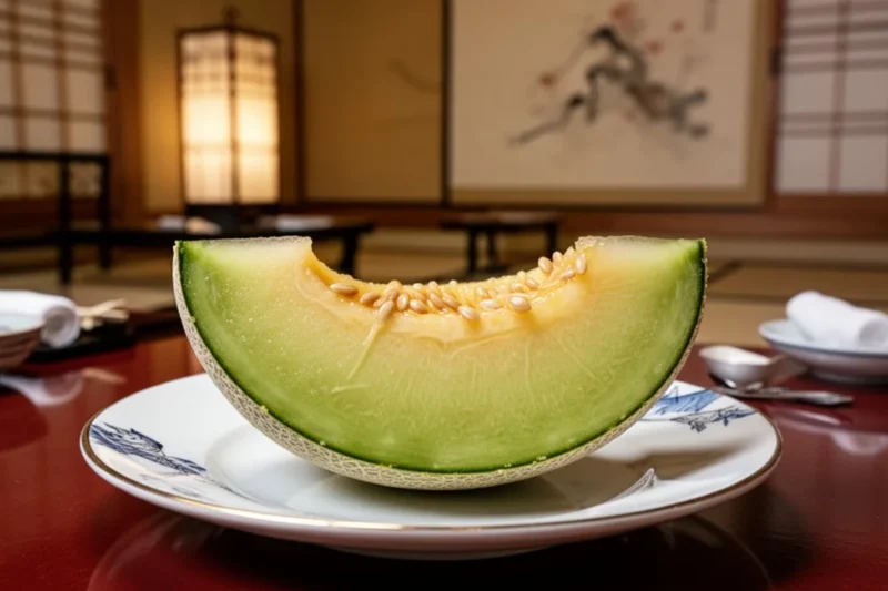 Rodaja elegante de melón corona servida en un restaurante japonés