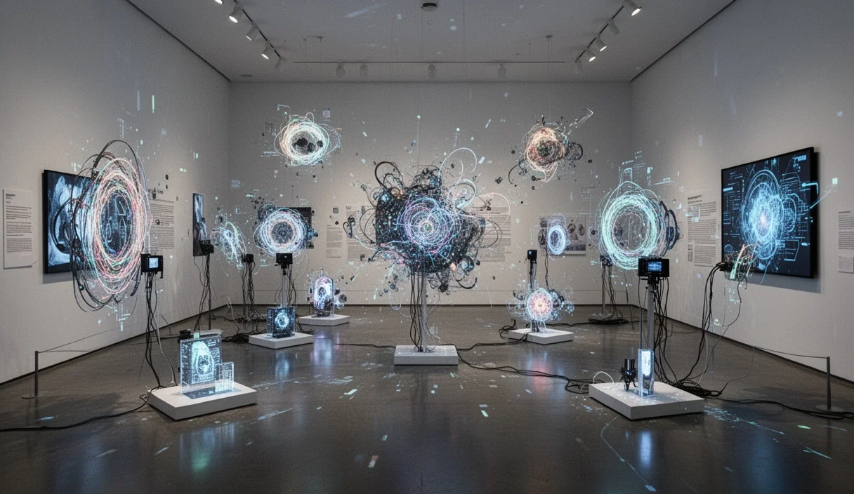 Instalación artística abstracta representando recuerdos evocados mediante inteligencia artificial