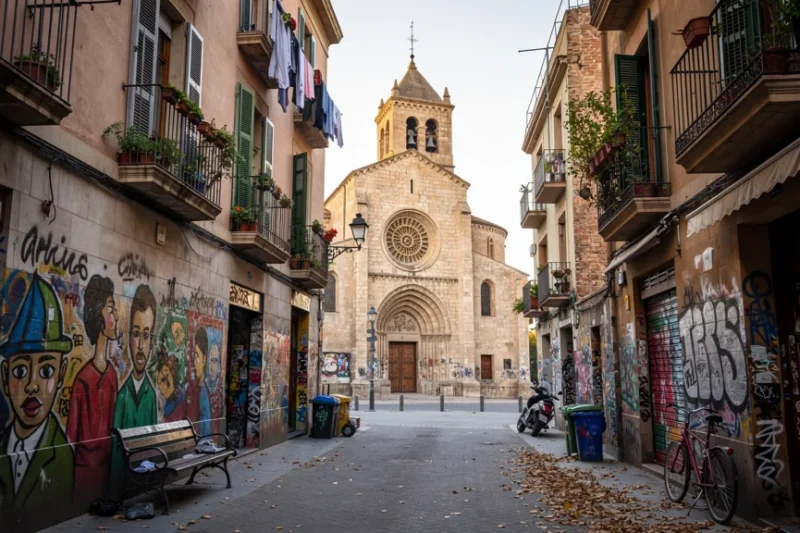 Iglesia Sant Agustí rodeada de arte urbano en el barrio del Raval