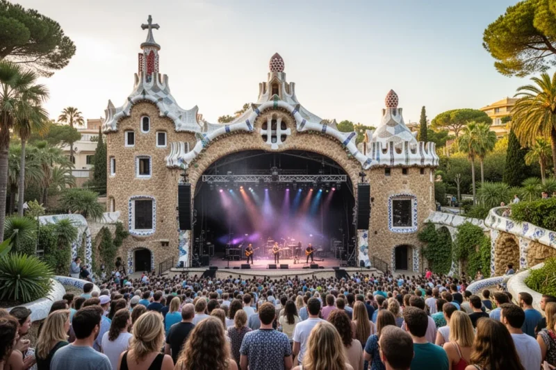 Concierto al aire libre en el Park Güell rodeado por naturaleza y arquitectura emblemática