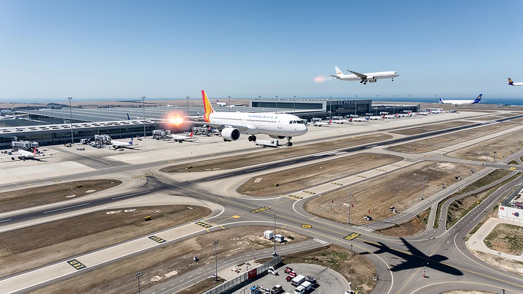 Vista aérea del Aeropuerto de Barcelona-El Prat con aviones despegando