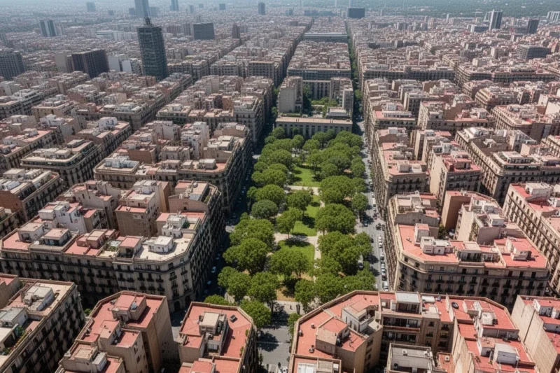 Aerial view showing dense urban landscape with minimal greenery under intense sunlight